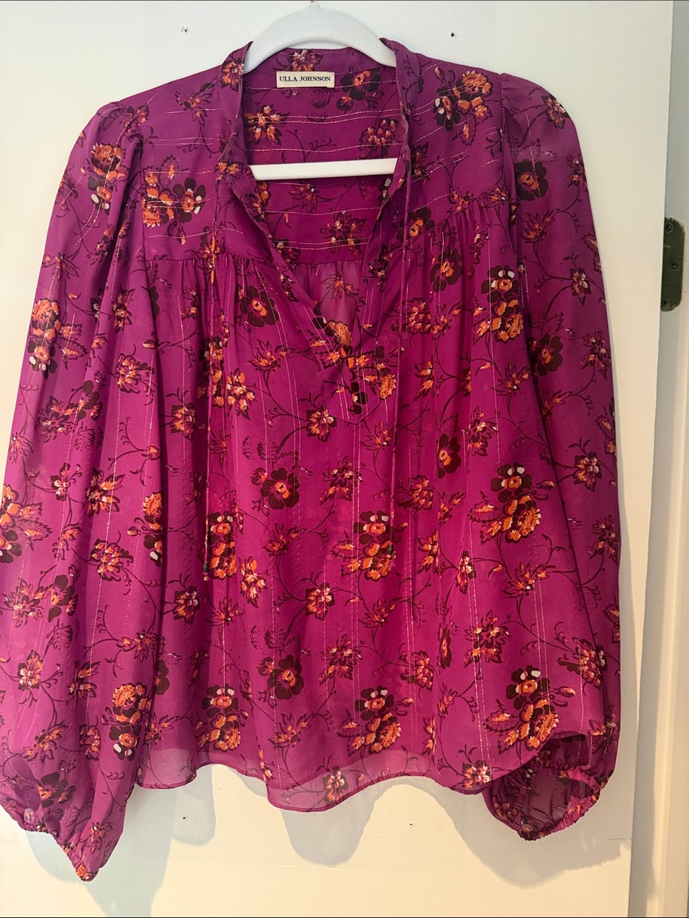 Ulla Johnson Magenta Floral V-Neck Blouse with Puff Sleeves